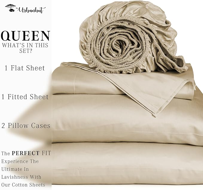 URBANHUT 700 Thread Count Egyptian Cotton Sheets Queen Size, 4Pc Sheet Set Soft Luxury Bed Sheets for Queen Size Bed, Sateen Weave Hotel Sheets, 16'' Elasticized Deep Pocket - Sand