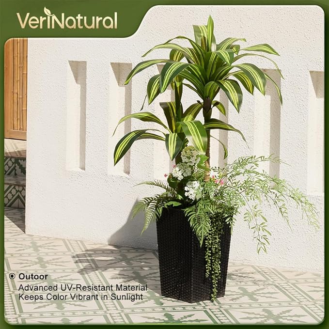 Artificial Dracaena Tree 4ft Artificial Plants Indoor UV Resistant, Dracaena Fake Plants with Multiple Plants in Black Tall Planter for Indoor Outdoor Decoration (1 Pack)