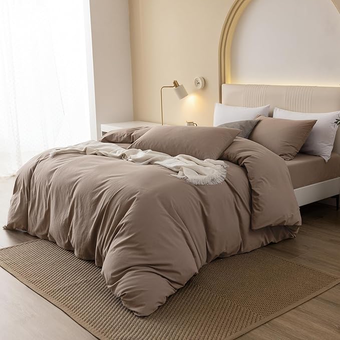 JIYUAN 100% Washed Cotton Duvet Cover Set 3 PCS Super King Plus, 1 Duvet Cover 120x120 Inches(Comforter Not Included) and 2 Pillowcases,Linen Feel Bedding Set Comfy and Breathable,Light Brown