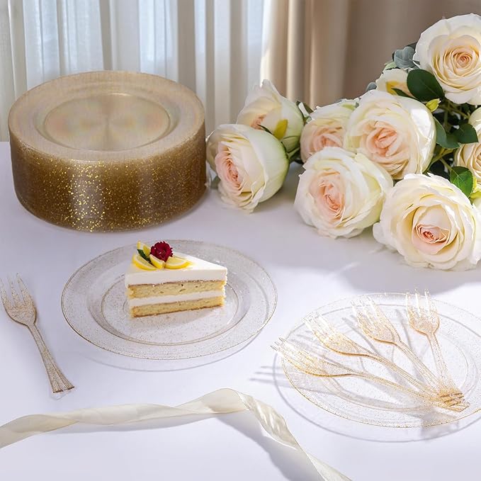 WELLIFE 120 Guests Gold Glitter Plastic Plates and Dessert Forks, 6.5 inch Disposable Dessert Plates, Durable Plastic Small Forks, Perfect for Catering, Parties &Weddings, regular