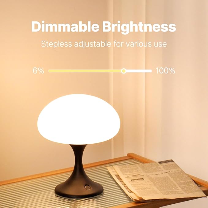 Mushroom Lamp, 5W LED Cordless Rechargeable Table Lamp with Glass Shade, Small Retro Dimmable Touch Light with 3 Color Temps, Aesthetic Mid Century Bedside Light for Bedroom Ambient, Black