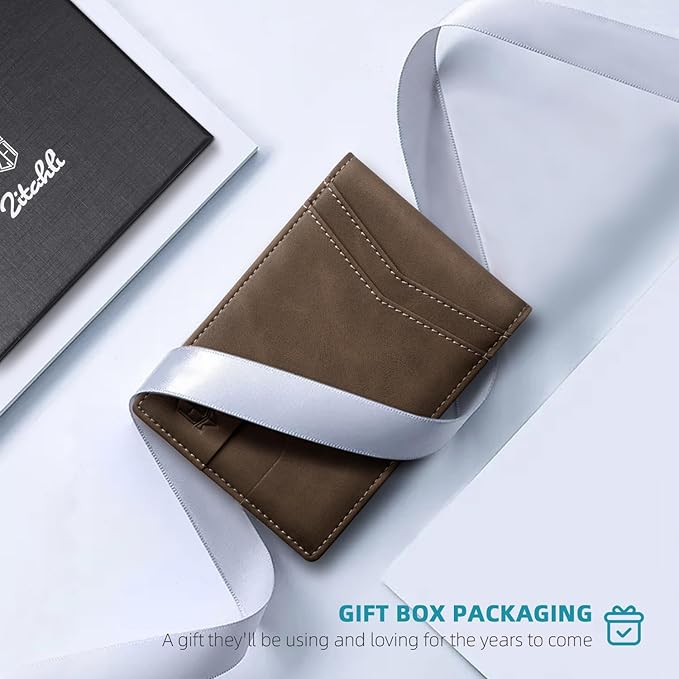 Zitahli Slim Wallet for Men Gifts 12 Card Slots ID Window With Money Clip Minimalist RFID Front Pocket Bifold Leather Small Thin Gift Box Dad Birthday Christmas Regalos Hombres