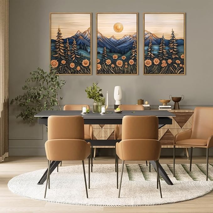 Large Natural Floral Mountain Framed Canvas Wall Art,Vintage Forest Wall Decor,Boho Abstract Moonlight Landscape Artwork,Mid Century Scenery Art Print for Living Room,Bedroom,Office- 24"x36"x3