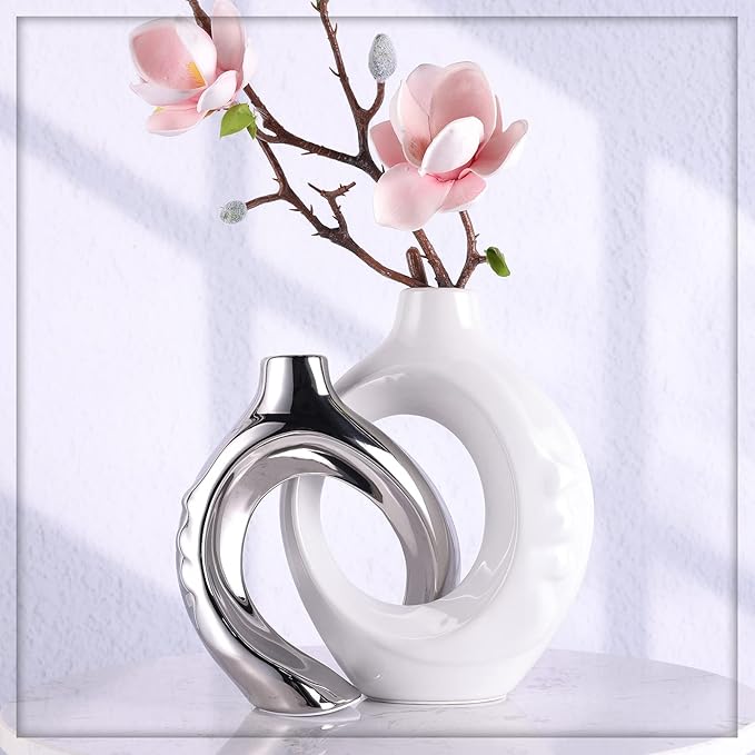 White Ceramic Vase Set of 2, White and Silver Round Donut Ceramic Decorative Vase for Living Room Decor, Bookshelf, Mantel, Dining Table Centerpiece Decor (White Silver)