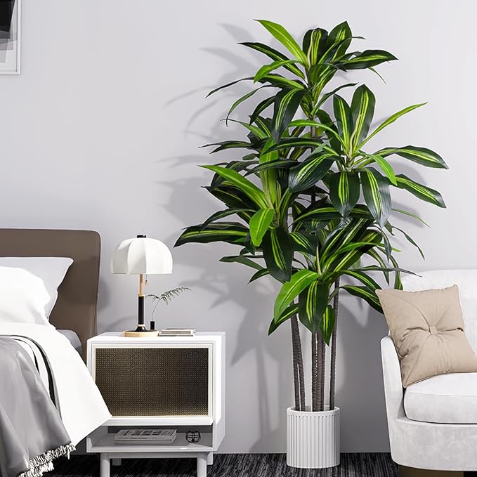 Artificial Dracaena Tree Indoor, 5FT Tall Faux Tree with Natural Wood Trunk and Lifelike Leaves, Tall Artificial Plants Indoor, Fake Plants for Home, Office, Living Room Decor