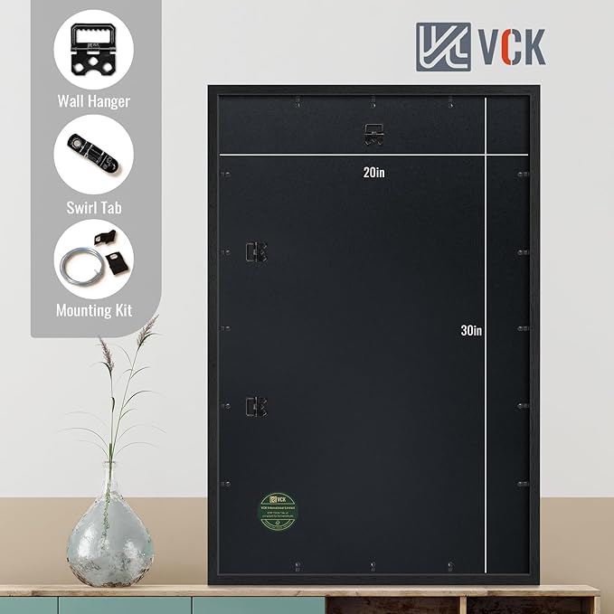 VCK 20x30 Poster Frame Black - with Mat 16x24, Solid Wood Picture Frame with Exclusive Textured, Horizontal and Vertical Formats with Included Hanging Hardware, 2 Pack