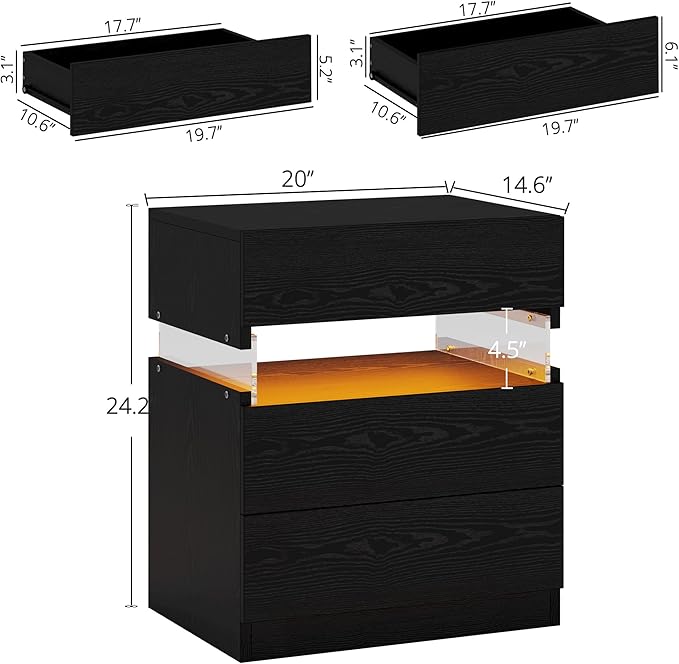 IRONCK Night Stand, LED Nightstand with 3 Drawers, Modern Bedside Table with Storage, End Table for Bedroom, Black