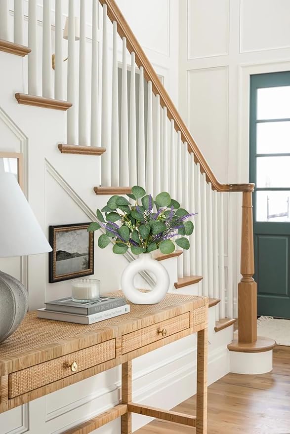 Artificial Eucalyptus Stems in Ceramic Vase 14.23" Fake Eucalyptus Plant Decor White Donut Vase with Greenery Centerpiece Table Decorations Small Faux Green Plant for Home Farmhouse Wedding Table