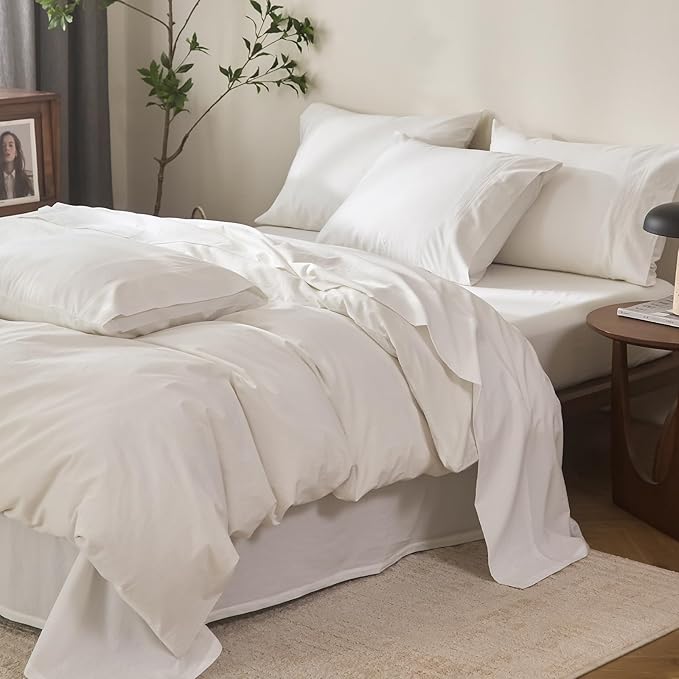 100% Cotton 6-Piece King Size 108" x 102" Bedding Set - Fitted Sheet, Flat Sheet & 4 Pillowcases with 17" Deep Pocket,Soft Breathable Bed Sheets for Cozy Sleep,Off White