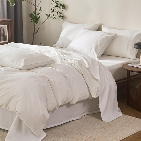 100% Cotton 6-Piece King Size 108" x 102" Bedding Set - Fitted Sheet, Flat Sheet & 4 Pillowcases with 17" Deep Pocket,Soft Breathable Bed Sheets for Cozy Sleep,Off White