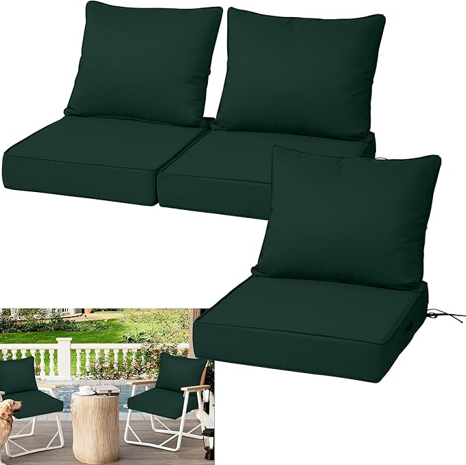 Waterproof Outdoor Chair Cushion Set of 3, 24x24x5 IN Deep Seat Patio Cushions with Fade Resistant Removable Cover,Outdoor Cushions for Patio Furniture with Ties&Handle for Chair Sofa Couch,Dark Green