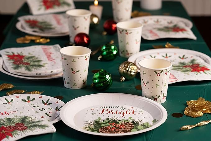 Traditional Christmas Tableware Pack: Disposable Paper Plates, Napkins and Cups Set for 20