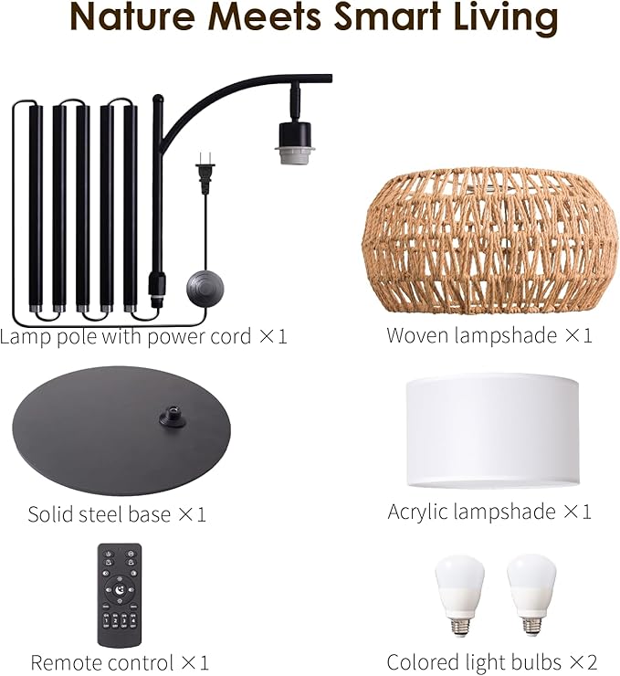 Boho Rattan Floor Lamp with Shade - 12W Bright LED Bulb, Adjustable Height 48-60 Inch, Remote Control 3 Color Temperatures, Handwoven Arc Standing Light for Living Room