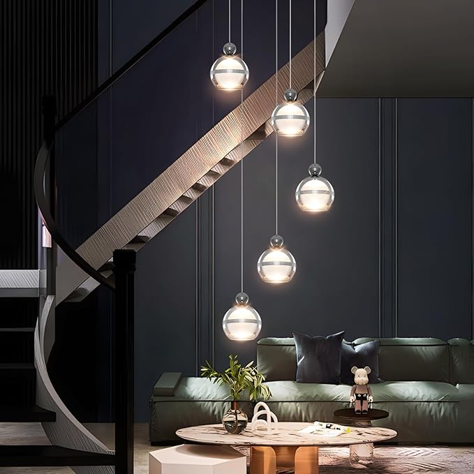 5 Lights Modern Pendant Lighting Chrome Globe Hanging Ceiling Pendant Light Fixtures Cluster LED Dimmable Pendant Lights Kitchen Island for Dining Room Living Room Bedroom Foyer Stairs