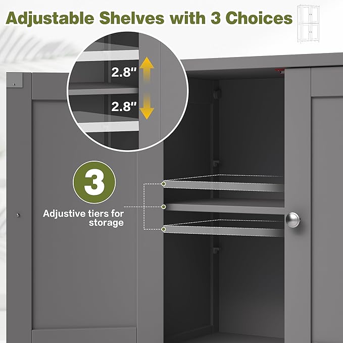 Nuturelly Bathroom Floor Storage Cabinet, Freestanding Pantry Cabinets with 4 Doors & 3 Adjustable Heights, Bathroom Organizers and Storage with Top Board & Metal Handles for Kitchen, Grey