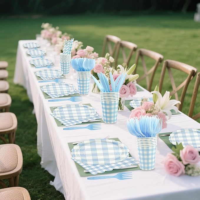 400PCS Light Blue Gingham Party Supplies, Scalloped Disposable Tableware Set Includes Paper Plates Napkins Cups Straws Forks Knives Spoons for Baby Shower Birthday Wedding Decorations, Serve 50