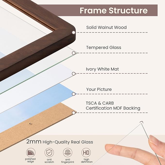 24x30 Frame - Solid Walnut Wood 24''x30'' Poster Frame, 24x30 Puzzle Frame With Mat For 18x24, Tempered Glass and Hanging Hardware Included, Minimalist 24 x 30 Poster Frame Wood, Natural Walnut