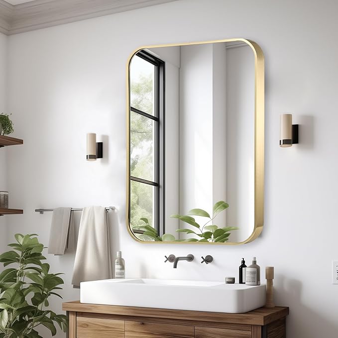 30x36 Inch Gold Bathroom Mirror, Brushed Brass Gold Metal Framed Rectangular Mirror with Rounded Corner, Bathroom Vanity Mirror for Bedroom or Living Room, Horizontal/Vertical