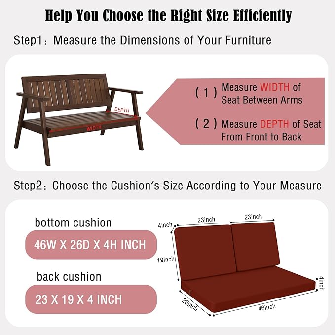 idee-home Outdoor Loveseat Cushions, Waterproof Patio Loveseat Cushion, Outside Couch Hampton Bay Deep Seat Cushion Replacement Set, Patio Love Seat Sofa Cushions for Furniture, 46" x 26"