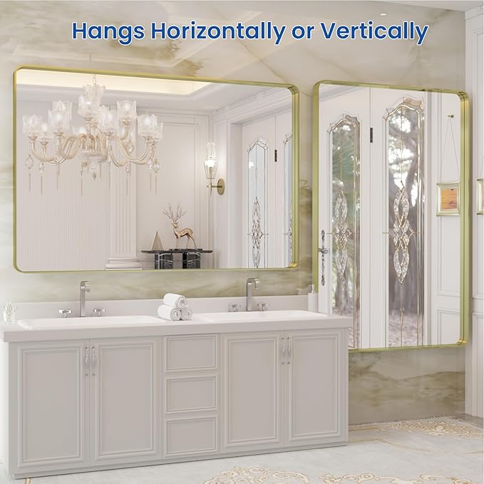 WEER Gold Bathroom Mirror, 48X32 Inch Brushed Gold Metal Frame Mirror, Rounded Rectangle Gold Bathroom Vanity Mirror for Wall, Tempered Glass, Anti-Rust, Hangs Horizontally or Vertically