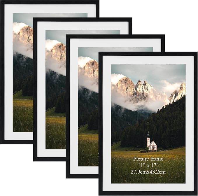 Giftgarden 13x19 Picture Frames Set of 4, Matted to 11x17 Picture with Mat or 19x13 Artwork Without Mat, Black