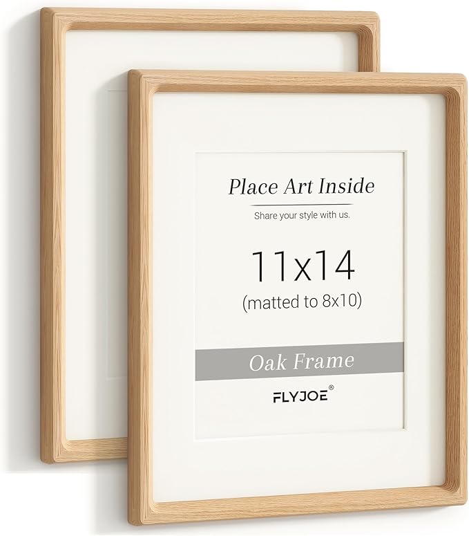 11x14 Picture Frame Set of 2, USA-Sourced Oak Wood Photo Frame with Tempered Glass, Handcrafted Rounded Corner 11 x 14 Wooden Frame Matted to 8x10 Photos, Wall or Tabletop Display