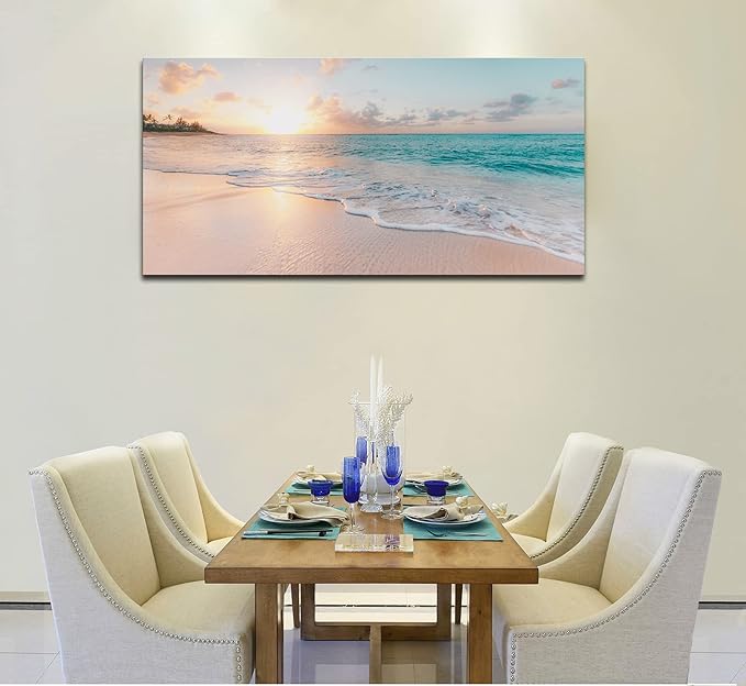 OKEXCKK Beach Canvas Wall Art - Sunset Ocean Picture Green Nature Seascape Painting Print for Kitchen, Bedroom, Living Room Decoration, Large Coastal Artwork Poster for Wall Decor 20"x40"