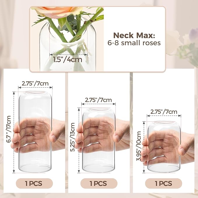 ComSaf Small Flower Vase Set of 3, Glass Bud Vases in Bulk, Clear Vases for Flower, Home Decor Centerpiece for Living Room and Bedroom, Decorative Vases for Wedding, Valentines' Day, Mother's Day