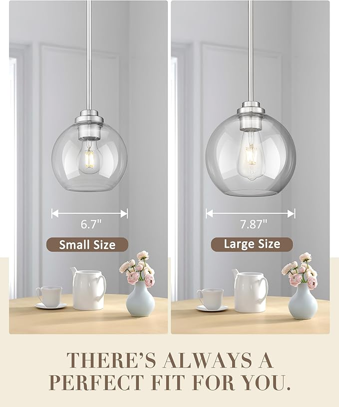 Globe Pendant Light Fixture, 8'' Modern Brushed Nickel Hanging Light with Clear Glass for Kitchen Island Dining Room Bedroom Hallway Foyer (1 Pack), PL101BN-L