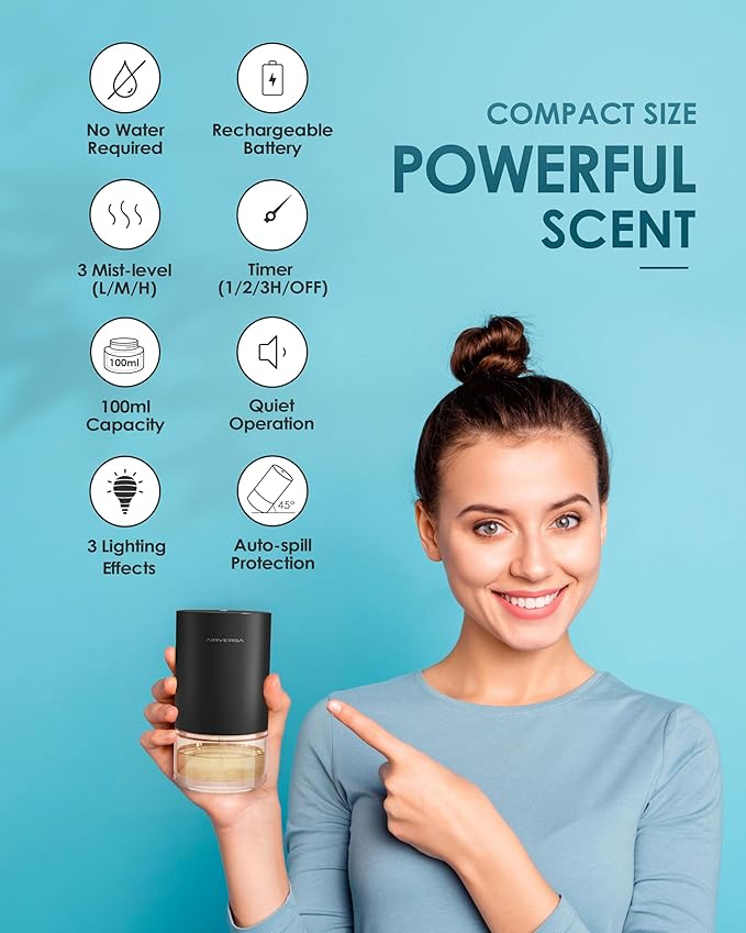 Waterless Essential Oil Diffuser Starter Kit with 30mL Hotel Scent Fragrance Oils Inspired of Ritz Carlton, Battery Operated Mini Scent Air Machine Portable Diffuser for Home Car Office, Black AN9