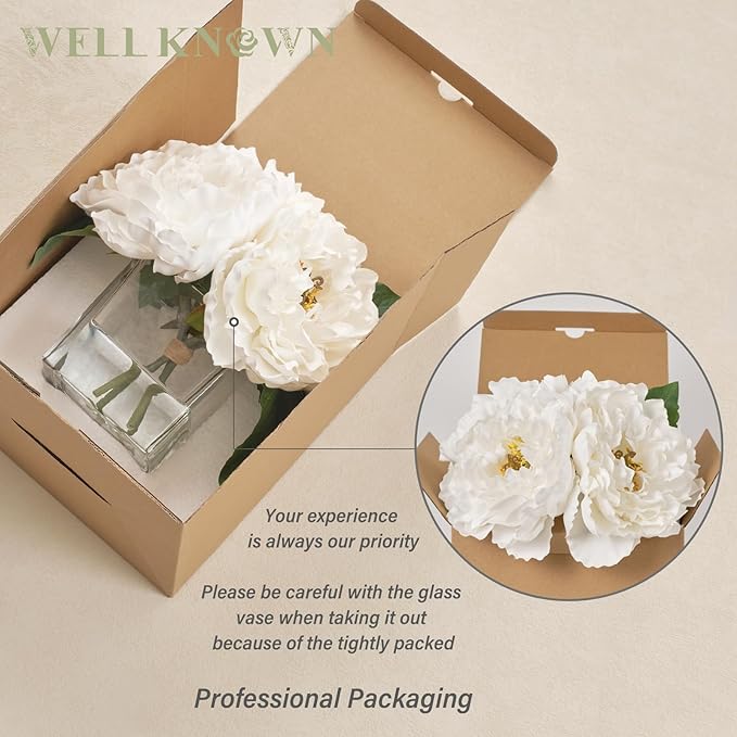 Artificial Peonies Flowers Arrangements in Cube Glass Vase, WELLKNOWN Ivory White Silk Flower Centerpieces for Dining Room Table, Coffee Table Decor, Faux Peony Flowers with Faux Water