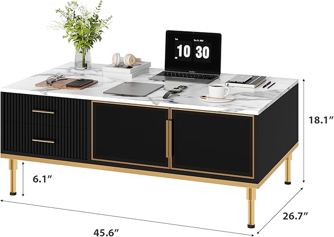 Coffee Table, Black Center Table for Living Room, Modern Large Coffee Tables with Storage 4 Drawers & 2 Glass Door Storage, Faux Marble Top, Gold Metal Leg, Hidden Compartment for Reception Room