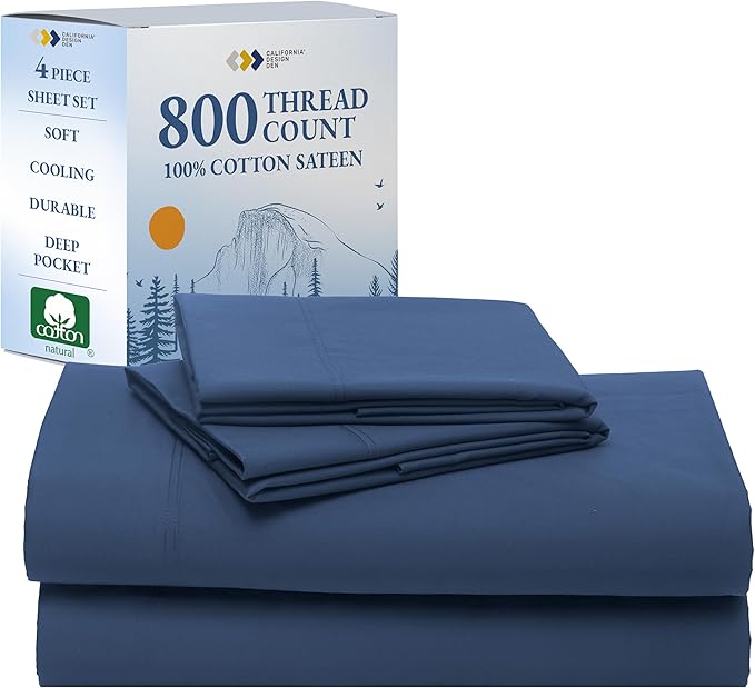 California Design Den Natural 100% Cotton Queen Sheet Set - Luxury Hotel 800 Thread Count Sateen, Soft and Durable Deep Pocket Cooling Sheets with Anti-Skid Elastic - Navy Blue