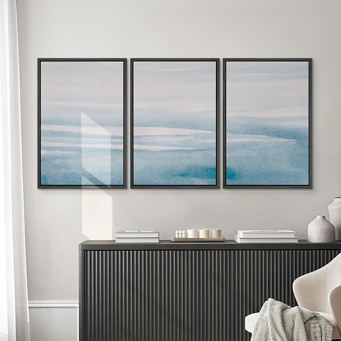 SIGNWIN 3 Piece Framed Canvas Wall Art Blue Sky Watercolor Nature Wilderness Illustrations Abstract Traditional Relax/Calm Home Artwork Decoration for Living Room,Bedroom - 16"x24"x3 Black