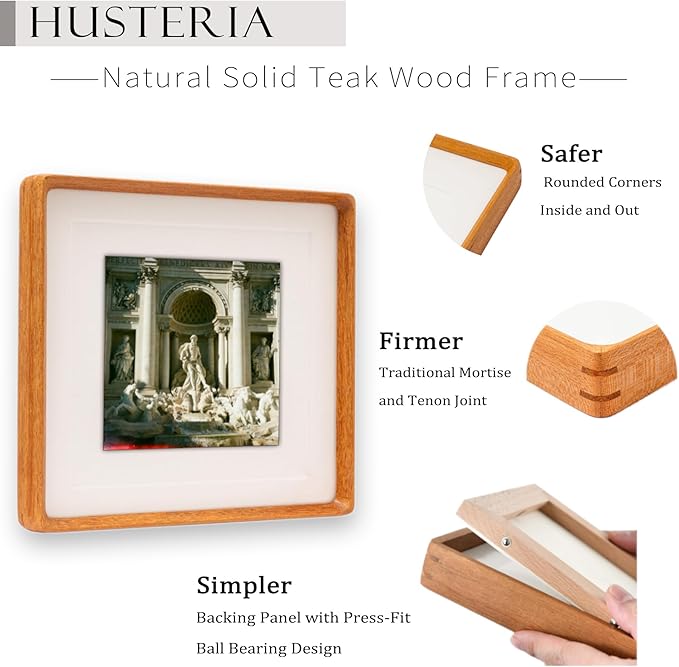 10x10 Square Picture Frame in Natural Teak Wood, Solid Wooden Frames matted to 6x6/8x8, Gallery Frames for Wall Mount or Tabletop Display