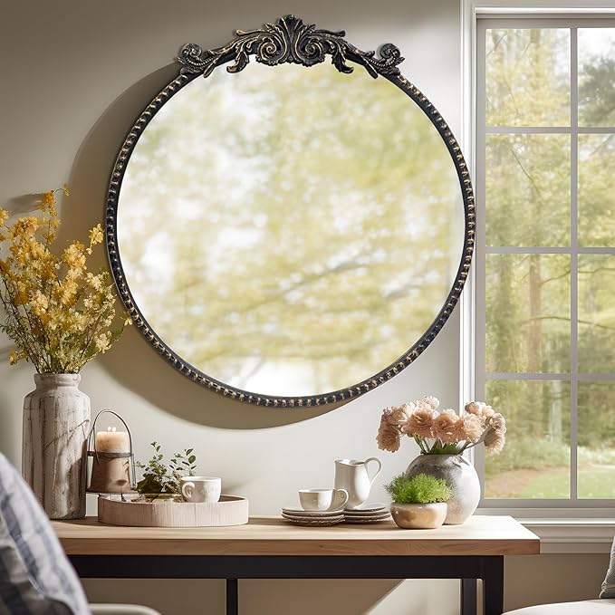 Round Mirror, 28''Baroque Style Circle Mirror Vintage Black Metal Frame Wall Mirrors for Vanity, Bathroom or Bedroom