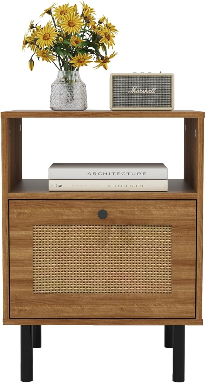 Rattan Nightstand with Storage Boho Modern Farmhouse Bedside Table with Drawer & Open Shelf Light Wood End Table for Bedroom, Living Room, Office, Dorm - Natural Walnut 0ak Color