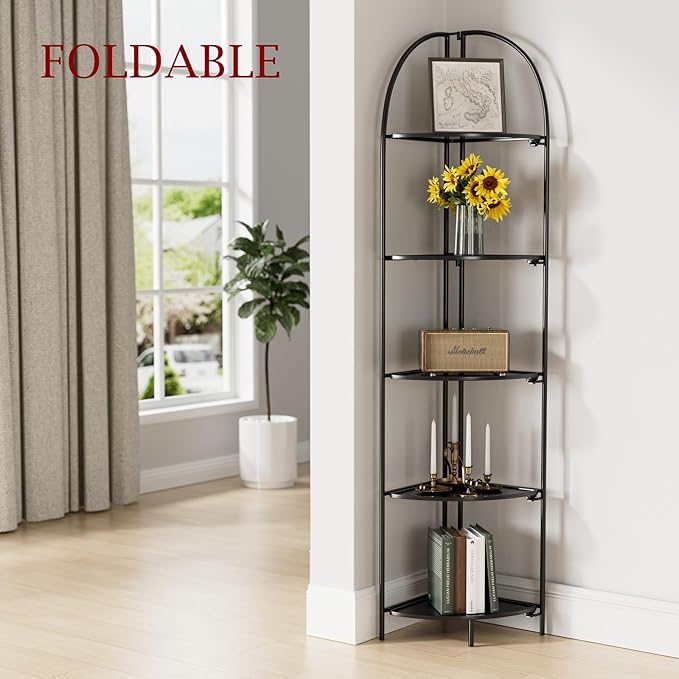 Crofy Foldable 5 Tier Corner Shelf, Metal Corner Plant Stand with Black Frame and Black Shelves, Corner Display Rack Multipurpose Shelving Unit for Living Room, Bedroom, Bathroom