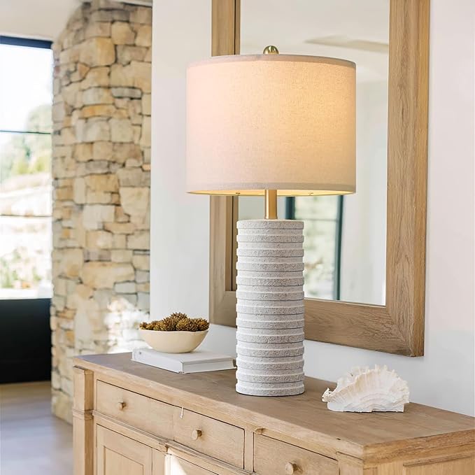PoKat 27" Farmhouse Ceramic Table Lamps Set of 2 for Bedroom, Stone-Like Rustic Nightstands Lamps for Night Stands, Distressed Neutral Bedside Lamps with Natural Textured for Living Room, Home Decor