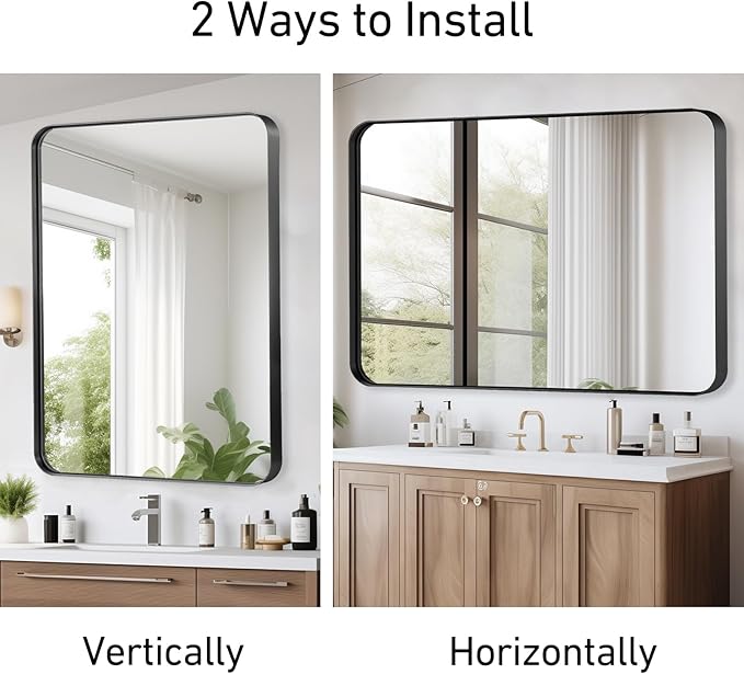 22x30 Inch Black Bathroom Mirror, Brushed Metal Framed Rectangle Mirror with Rounded Corner, Black Bathroom Vanity Mirror for Bedroom or Living Room, Horizontal/Vertical