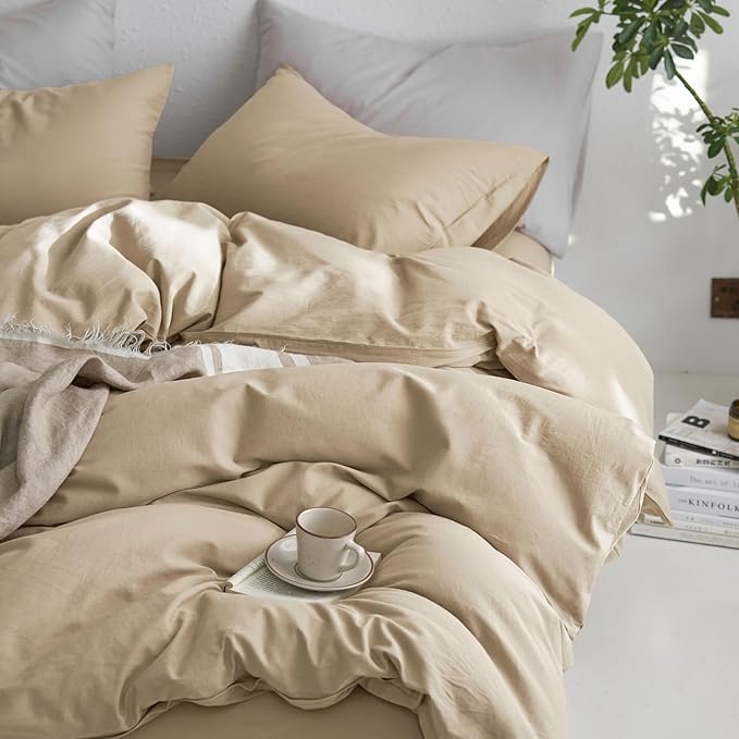 MooMee Queen Duvet Cover Set, 100% Washed Cotton Linen Like Twill Thick Sturdy Material Super Soft Breathable Durable Bedding for All Season, 3 Pieces (Camel, Queen 90"x90")