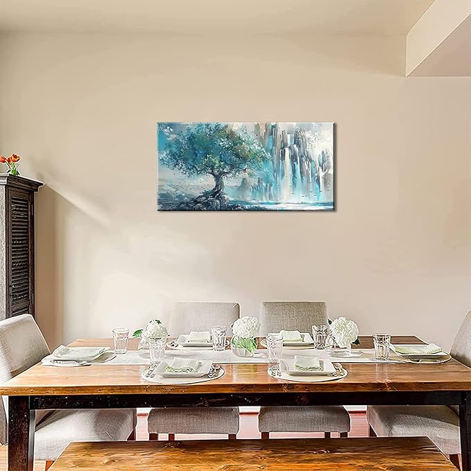 Turquoise Mountains and Tree Wall Art Decor Artwork for Bedroom (20x40 Inches)