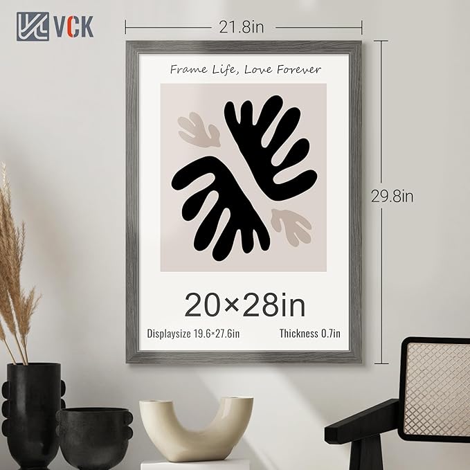 VCK 20x28 Picture Frame 5 Pack, Gray Solid Wood Poster Picture Frame, Exclusive Wood Grain, Wall Mounting Hanging