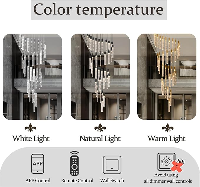 Flashing God Long Chandeliers for High Ceiling Black Bubble Crystal Chandelier Large Foyer Entrance Chandeliers for High Ceiling Big Crystal Chandelier LED Dimmable 2700K-6000K
