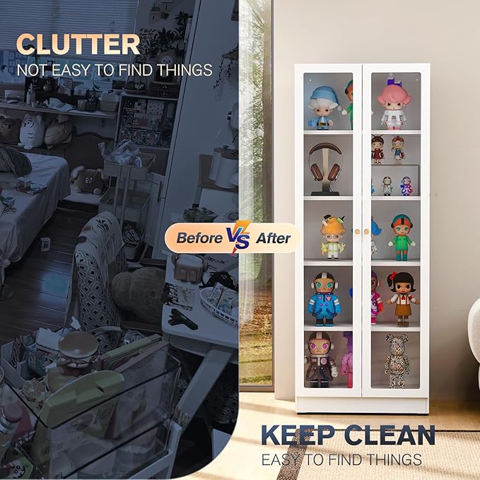 5 Tier Metal Curio Cabinets,Modern Bookcase Cabinet with Acrylic Door and 4 Adjustable Shelves, 70.87 Inch Tall Storage Cabinet Display Case, Dust Proof Display Cabinet for Home Office, Living Room