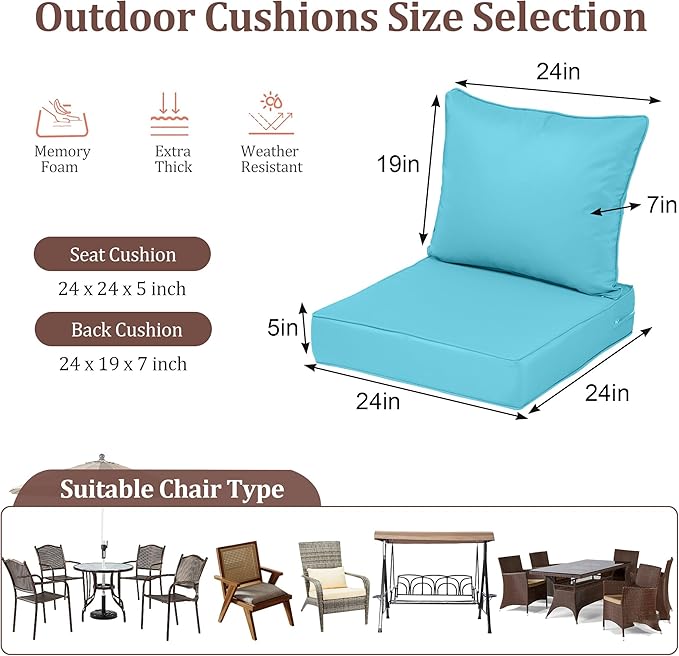 Waterproof Outdoor Chair Cushion Set of 3, 24x24x5 IN Deep Seat Patio Cushions with Fade Resistant Removable Cover,Outdoor Cushions for Patio Furniture with Ties&Handle for Chair Sofa Couch,Lake Blue