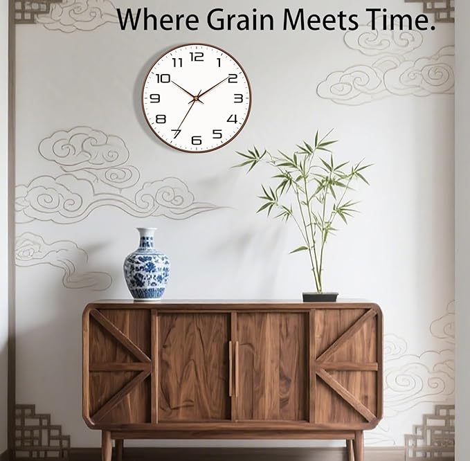 Woodgrain Wall Clock, Silent Non-Ticking Battery Operated Clock 10 Inch, Large Easy-to-Read Number Digital Wall Clocks, Modern Analog Clocks for Living Room Bedroom Kitchen Office Gym, Brown