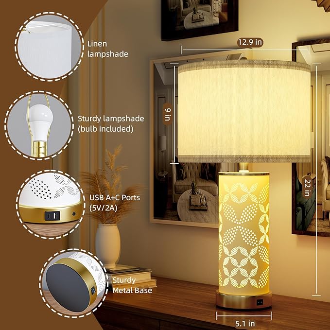 22'' Modern Ceramic Table Lamps Set of 2, Bedside Lamps with Hollow-Out Ceramic Design,USB A+C & 3 Color Temperature, Lamps for Night Stands with Night Light for Living Room and Bedroom(with 2 Bulbs)