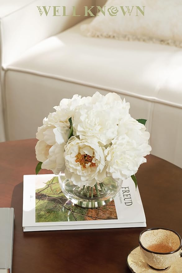 WELL KNOWN Artificial Flowers in Vase, Peonies Artificial Flowers for vase with Faux Water for Coffee Table Decor, Silk Fake Flower Arrangements Peonies Table Centerpieces (White)