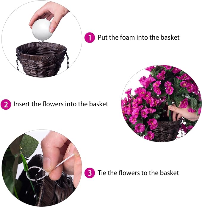 Artificial Fake Hanging Flowers Plants Basket for Outdoor Winter Summer Decoration, Faux Silk UV Resistant Look Real Fuchsia Morning Glory Long Stems in Planter for Outside Porch Patio Balcony Home